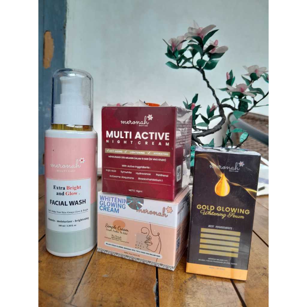 Paket Flek Cream Meronah+Sabun Extra Bright + Multiactive Night Cream + Serum Gold Glowing BPOM ASLI
