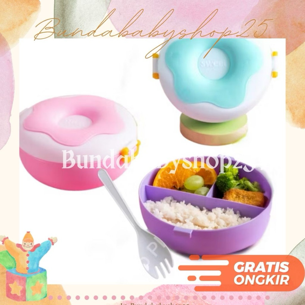 Lunch Box DONAT Sekat 3 GRATIS SENDOK Kotak Plastik Tempat Bekal Lunch Box Serbaguna Makanan Anak/ L