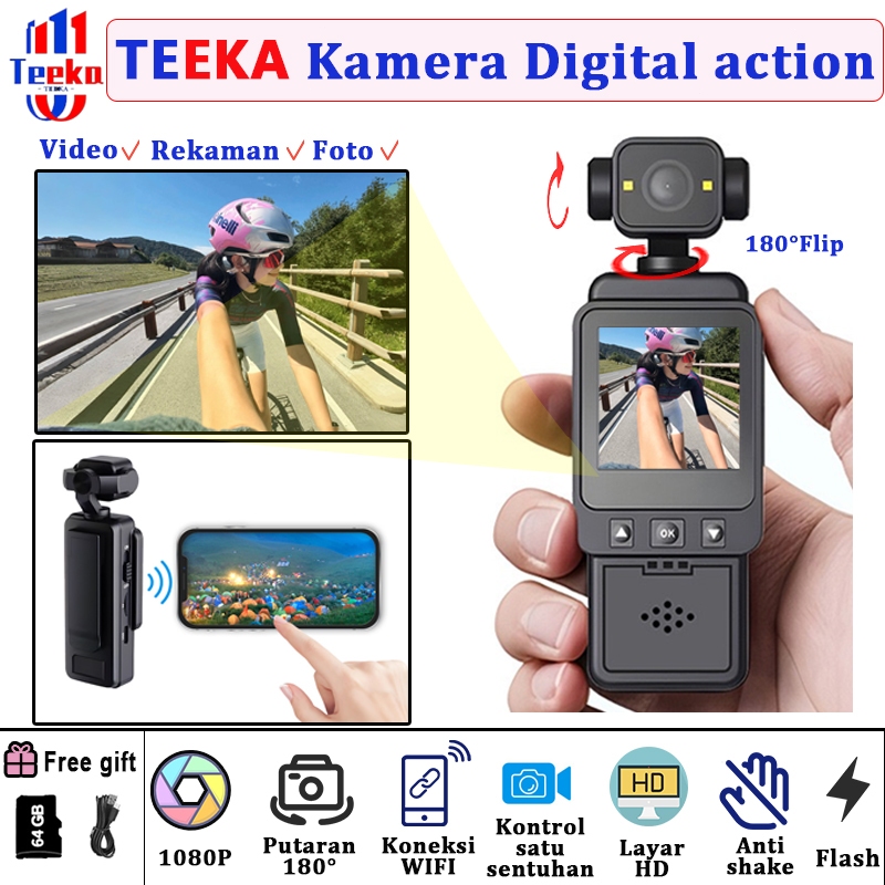 TEEKA [Action 1] kamera mini vlog wifi 1080P Rotasi 180° Pocket WIFI Camcorder Body Cam wifi untuk A