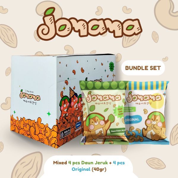 

Jomama - BUNDLE MIX 8pcs Kacang Mede Rasa Daun Jeruk (4pcs) + Rasa Original (4pcs) 40gr Snack Cemilana Jajanan