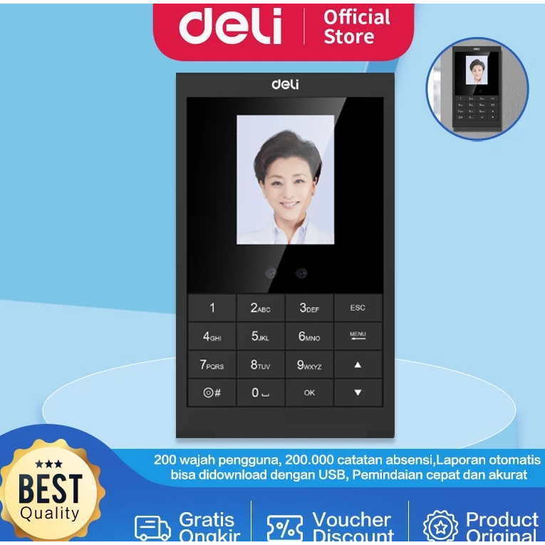 Deli Mesin Absensi Pendeteksi Wajah 200 Wajah E3764 e 3764 Mesin Absensi Mudah