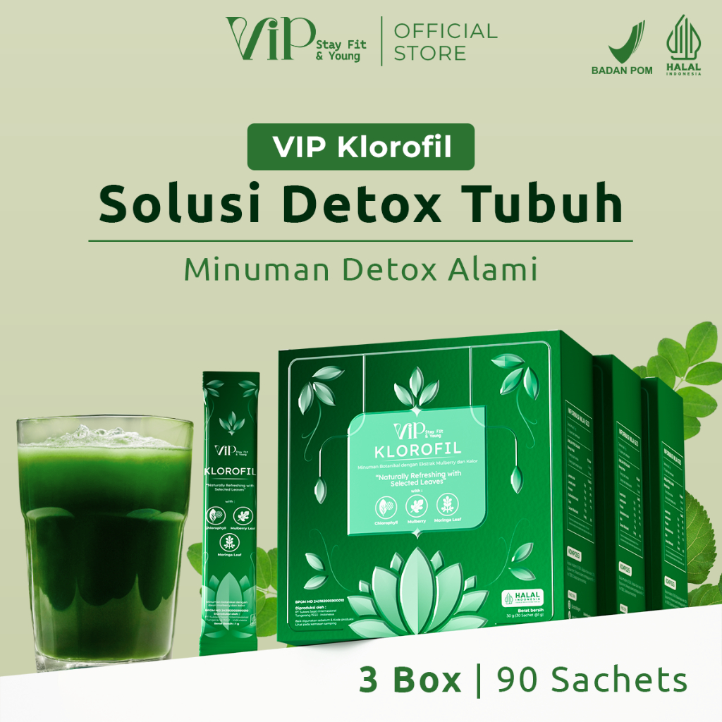 

VIP HERBAL KLOROFIL 3 BOX (3x30sachet) | CHLOROFIL MULBERRY DAUN KELOR MORINGA Suplemen Detox Tubuh