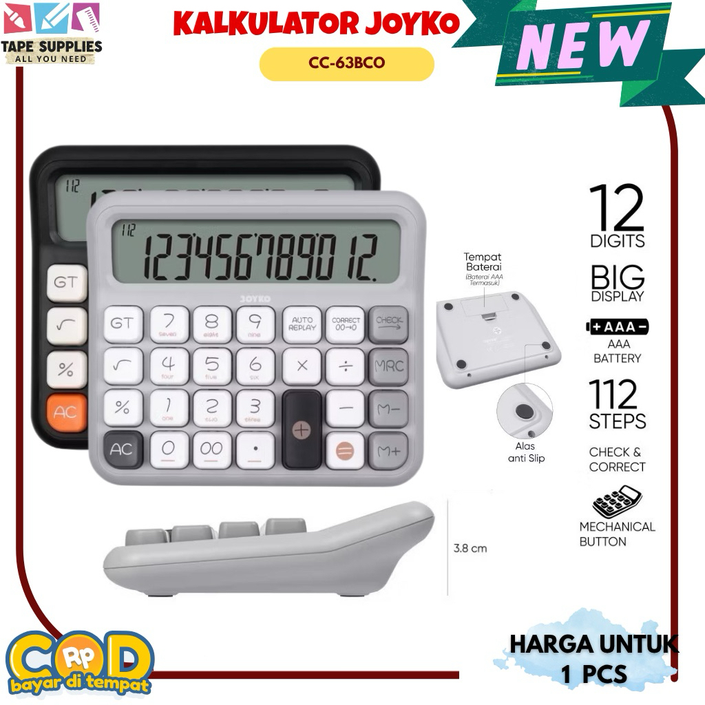 

(KALKULATOR LUCU UK BESAR) Kalkulator Joyko CC‑63BCO 12 Digit Big Display Check & Correct Replay 112 Langkah