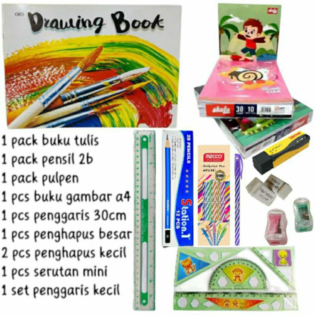 

Paket Lengkap Sekolah SD/SMP – Buku Tulis, Pensil, Pulpen, Penghapus, Penggaris, Buku Gambar