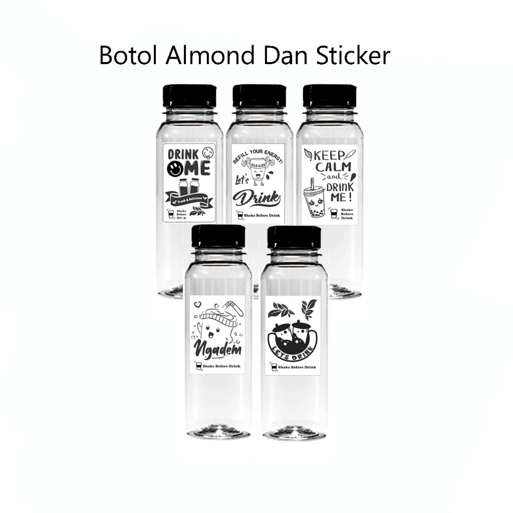 (Isi 10 PCS) Botol Minuman Plastik Almond 250ml + Sticker Label Minuman vynil Anti Air Free Packing 