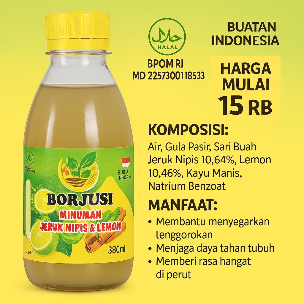 

BORJUSI 250ml – Minuman Segar Alami dari Desa | Jeruk Nipis, Lemon, Kayu Manis
