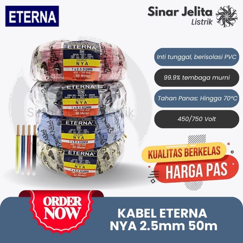 Kabel ETERNA NYA 1X2,5mm ROLL 50 METER | Kabel Listrik NYA 2.5 | Kabel Listrik Tembaga Tunggal