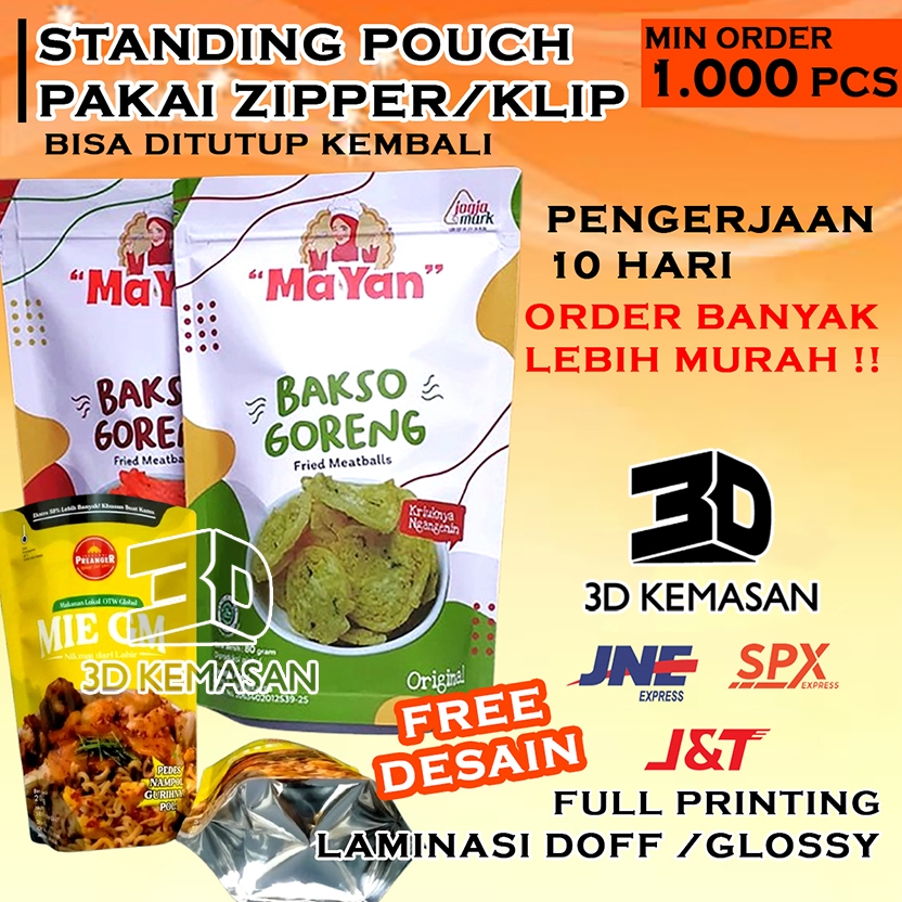 Cetak 1.000 Pcs - Kemasan Standing Pouch Custom Pakai Ziplock/Klip Desain Printing Plastik Makanan