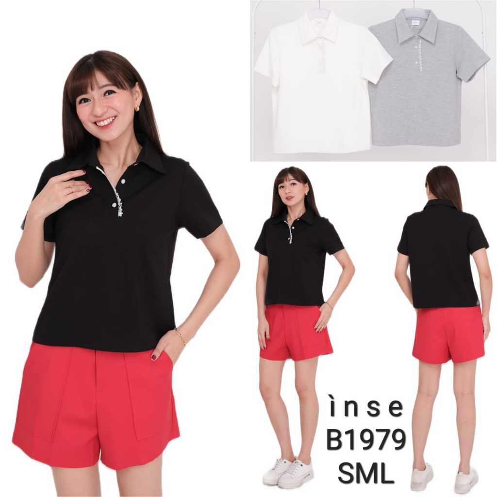 Baju Wanita Model Polo Kerah Polos Bahan Katun - INSE 1979 Hitam, Putih, Abu