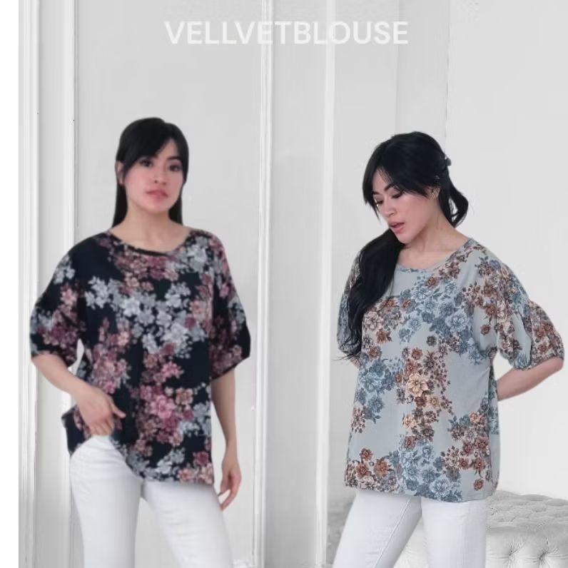 Vellvetblouse Blus Atasan Top Wanita Lengan 7/8 Motif Bunga Wolfis