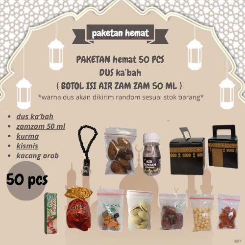 

50 pcs paketan hemat KABAH untuk oleh oleh haji dan umroh ( botol isi air zamzam 50 ml )