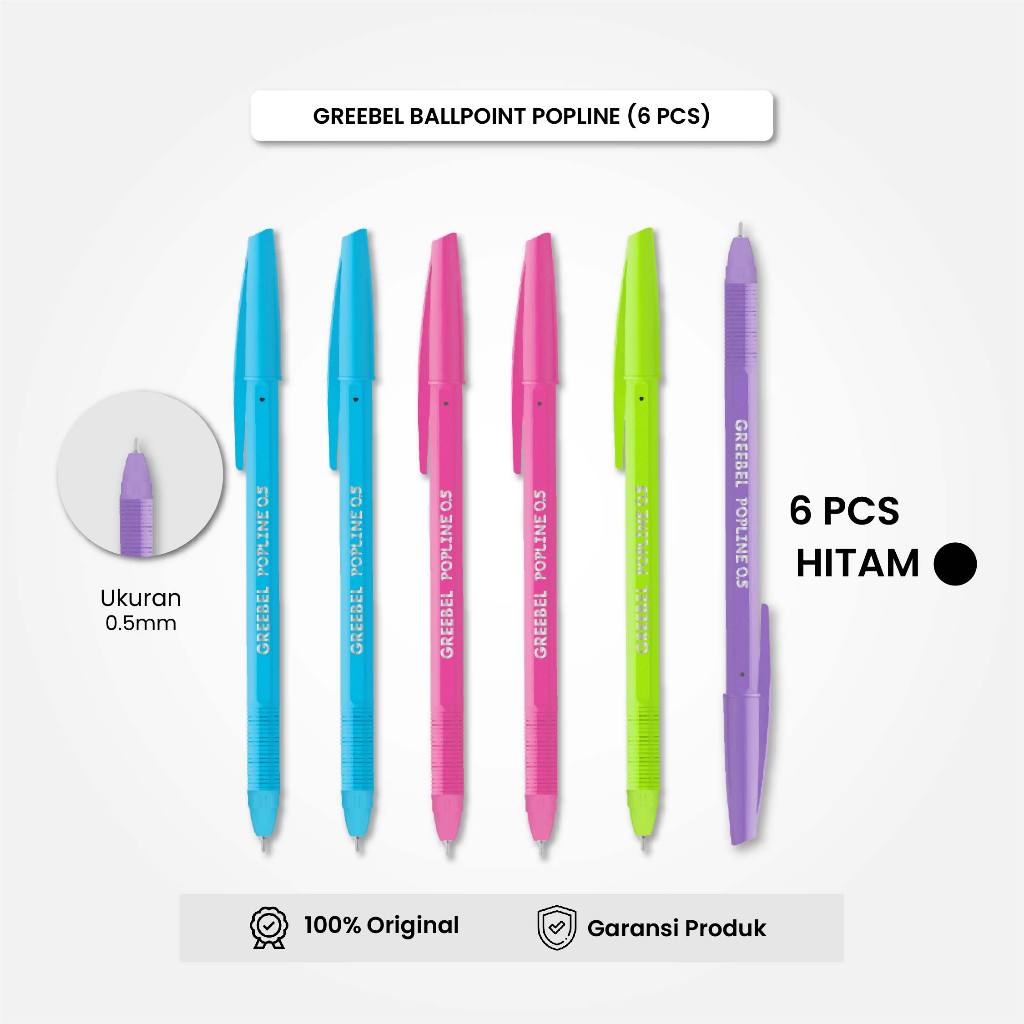 

GREEBEL Pulpen Popline Hitam 0.5 (6PCS/SET) / Pulpen Popline Greebel Hitam 0.5 / Ballpen Bolpen Pena