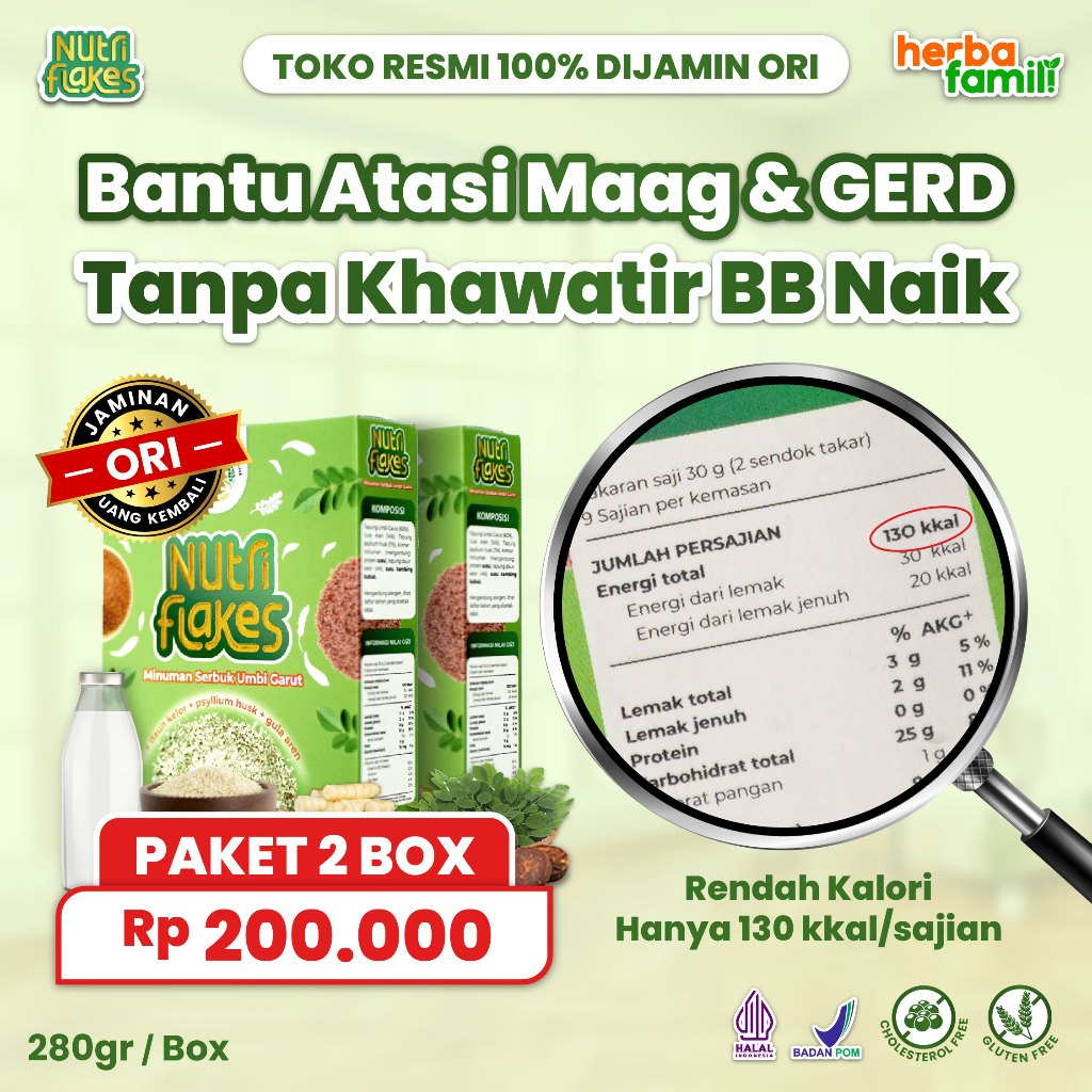 

2 BOX NUTRIFLAKES 100% ORIGINAL | Sereal Umbi Garut Asam Lambung Bisa Untuk Diet Sehat Secara Alami