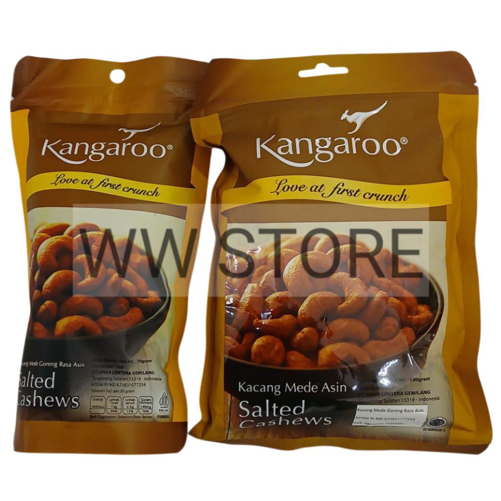 

Cemilan snek makanan ringan kacang mede mete mente goreng rasa asin halal MUI Kangaroo Salted Cashew Cashews 70g 100g