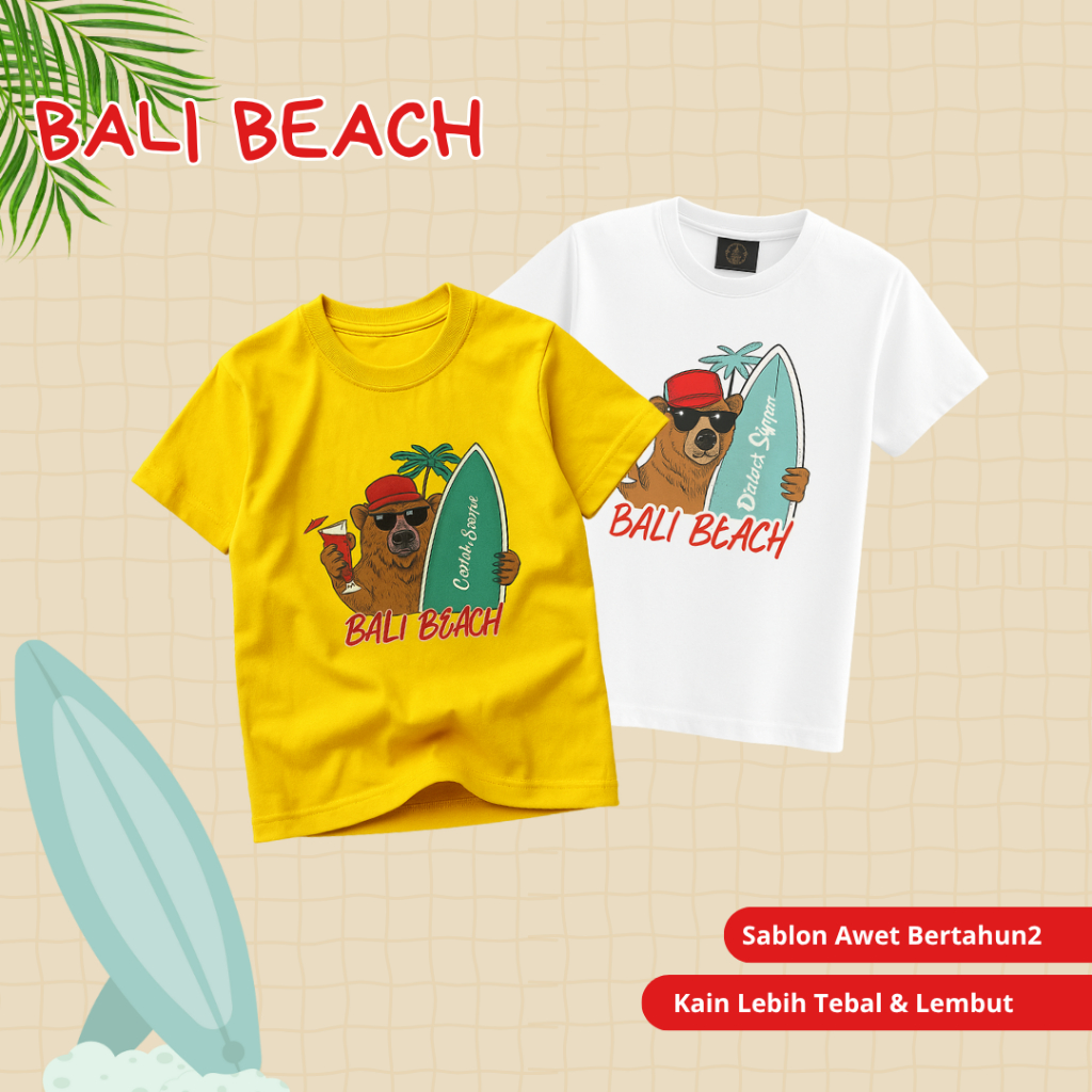 Kaos Anak Laki-Laki Motif Beruang Surfer Bali Beach 4-10 tahun Baju Cotton Lucu & Nyaman