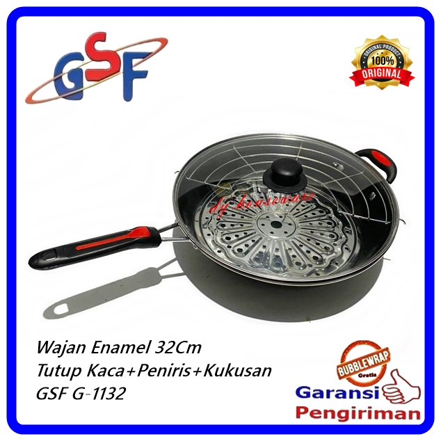 Wajan Penggorengan Enamel 32Cm Anti Lengket Tutup Kaca Dengan Peniris Dan Kukusan Steamer GSF G-1132