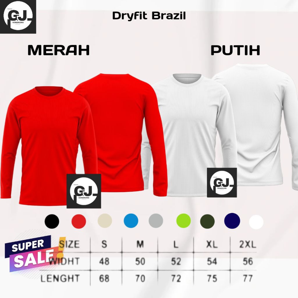 Kaos long sleeve Dryfit Brazil / Baju jersey olahraga lengan panjang / Kaos Legan panjang polos