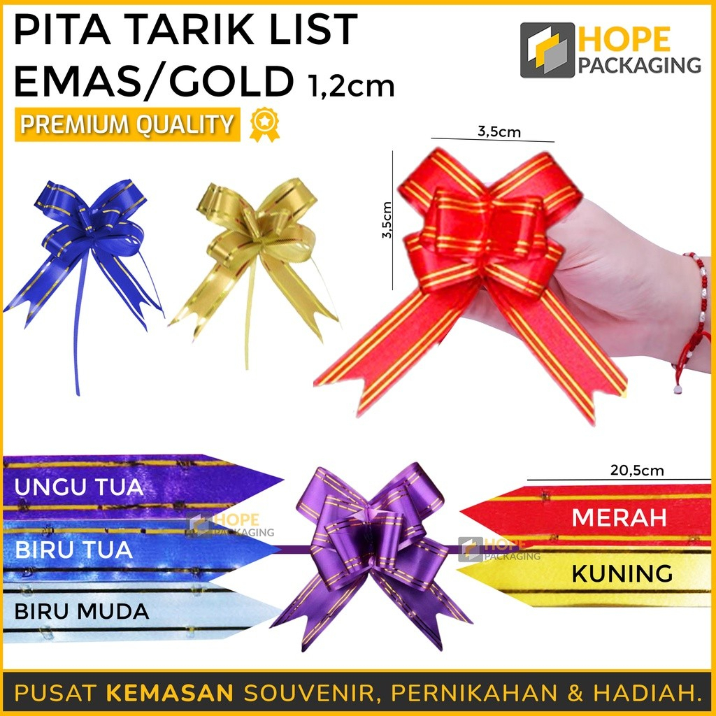 

[Harga/10pcs] Pita Tarik List Gold 1.2CM/ Pita Tarik Pompom / Pita Hiasan Ulang Tahun / Pita Souvenir Wedding / Pita Hiasan Bucket