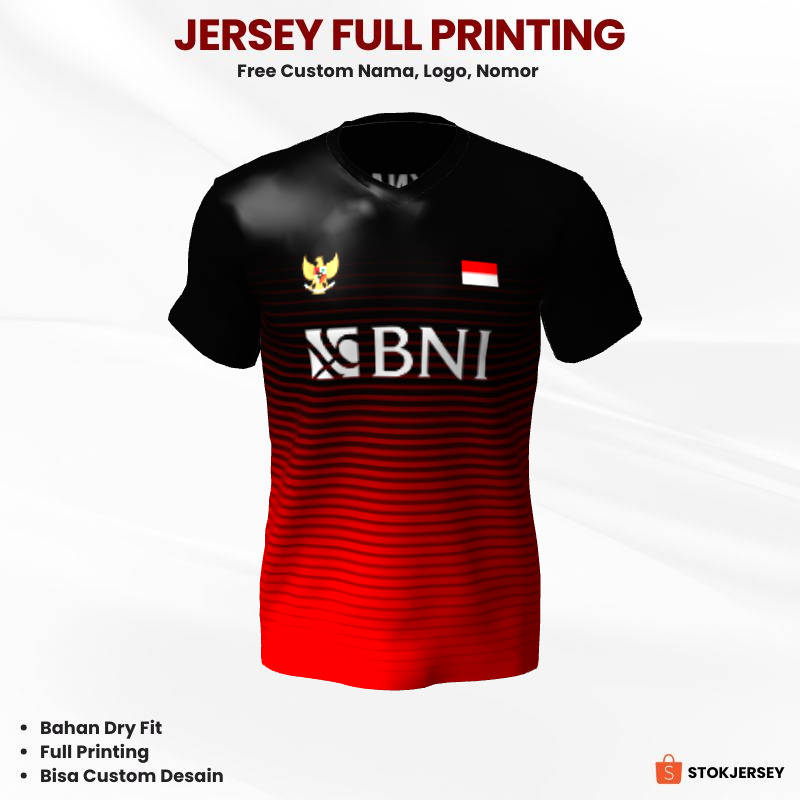 Kaos Jersey Badminton Hitam Merah Motif Garis 72 - Jersey Custom Lari, Badminton, Volly, Dll.