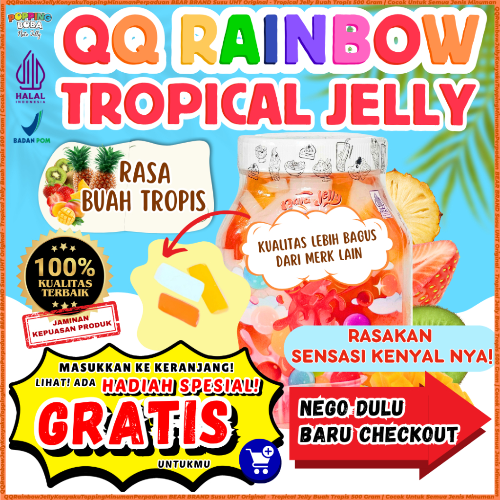

QQRainbowJellyKonyakuToppingMinumanPerpaduan BEAR BRAND Susu UHT Original - Tropical Jelly Buah Tropis 500 Gram | Cocok Untuk Semua Jenis Minuman