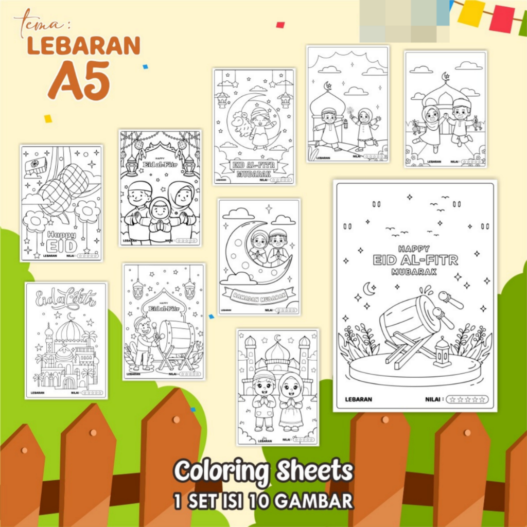 

KERTAS GAMBAR MEWARNAI TEMA LEBARAN - LEMBAR COLORING SHEETS FOR KIDS ISI 10 LEMBAR [A5] READY