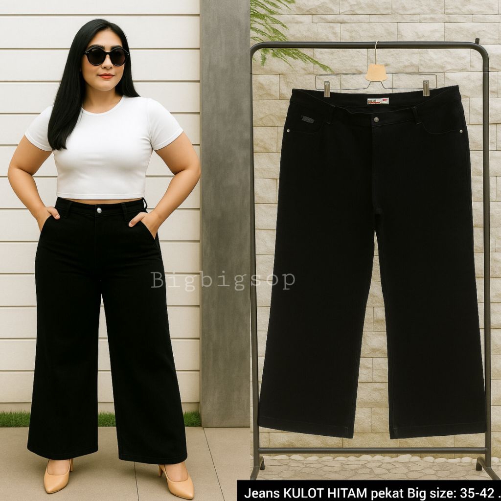 JEANS KULOT HITAM PEKAT STRETCH BIG SIZE.Celana jeans kulot hitam Reguler,celana kulot soft jeans st