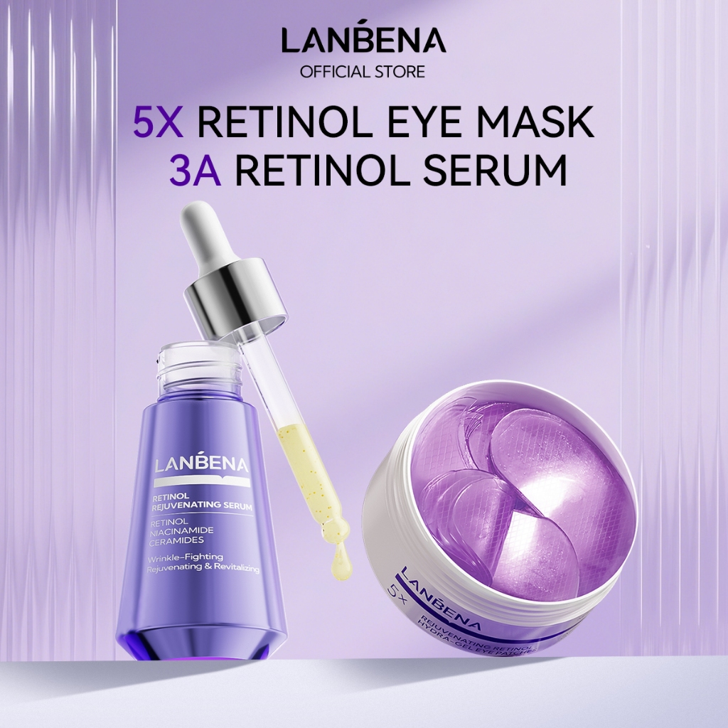 LANBENA Retinol Eye & Face Skincare Set (60pcs+15ml) - Masker Mata, Mencerahkan Melembabkan Moisturi