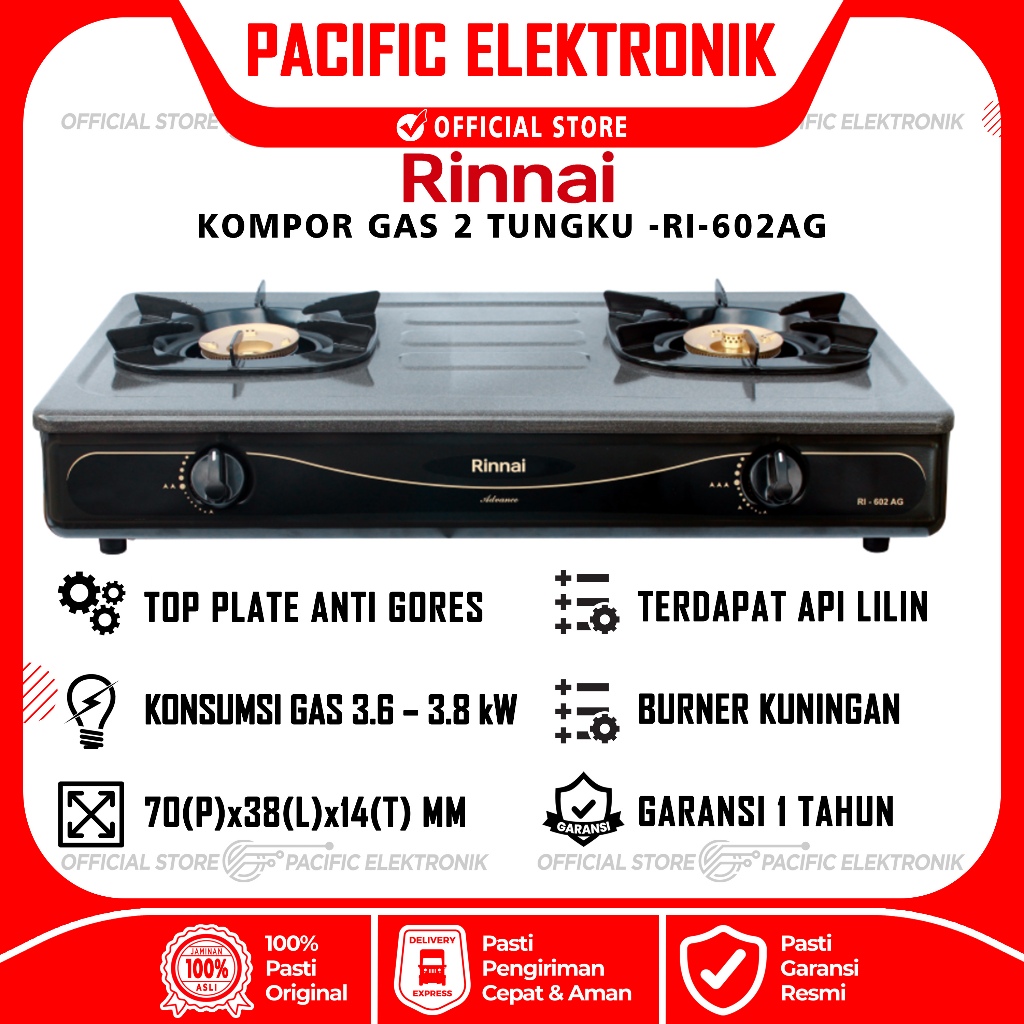 Kompor Gas Rinnai 2 Tungku RI-602AG / 602AG