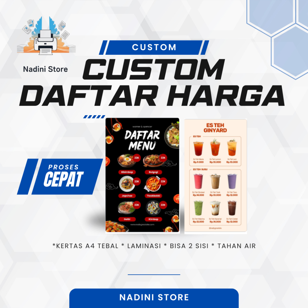 

Cetak Daftar Harga Custom A4, Gratis Desain!