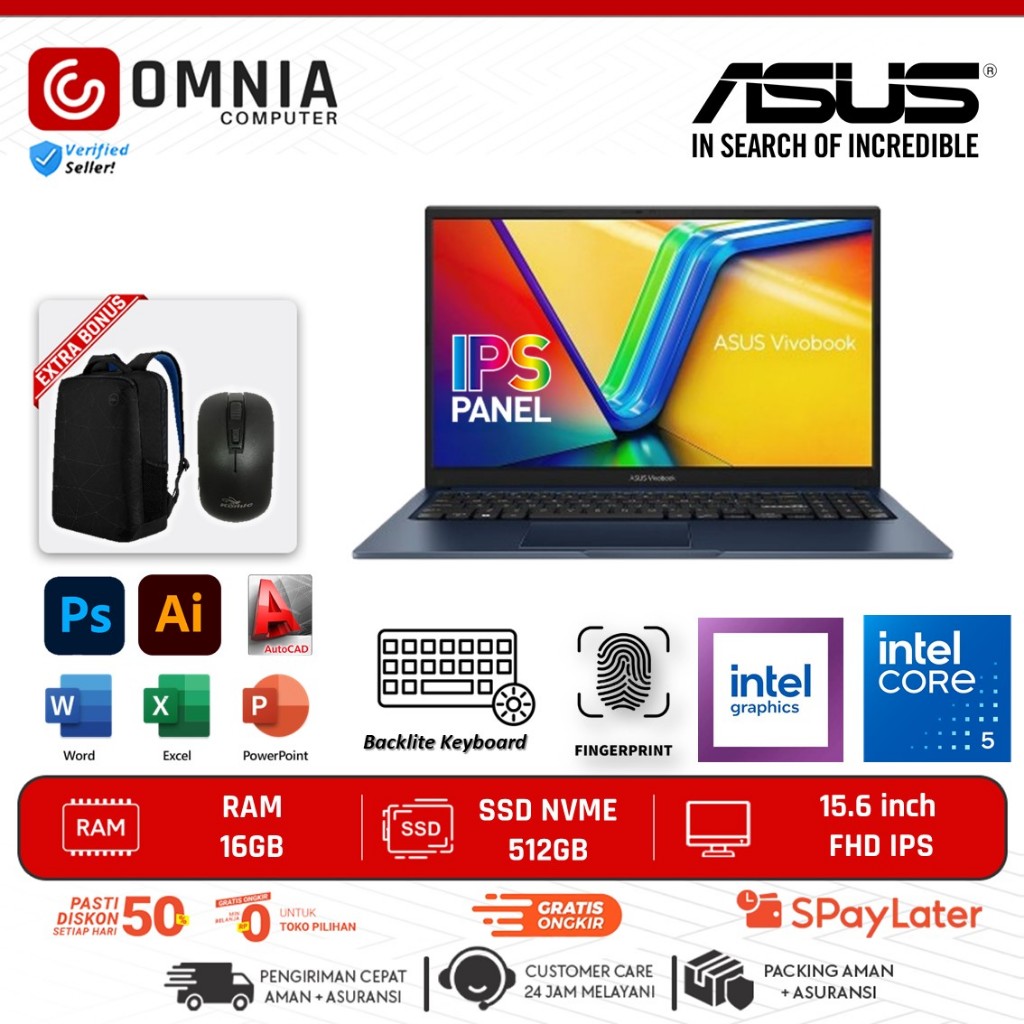Laptop Asus Vivobook 15 F1504VA Core i5 Ram 16GB 1TB SSD Fhd Win 11 Original Baru