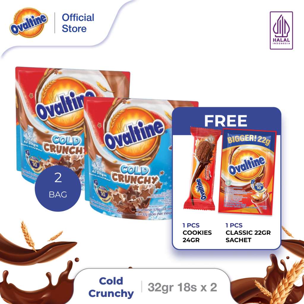 

OVALTINE Cold Crunchy Susu Bubuk Coklat Stik 32gx18s x 2 Bag (FREE 24g Cookies & Classic 22g Sachet)