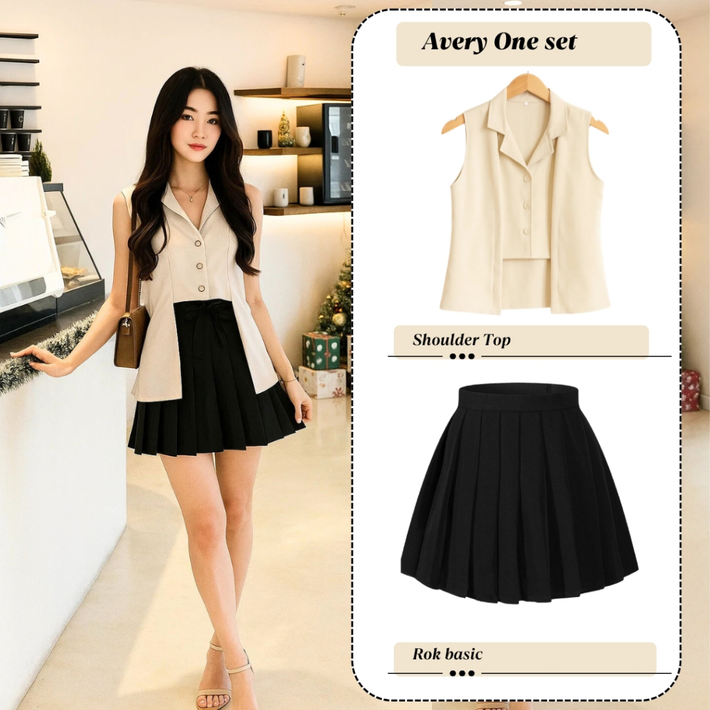 One Set Wanita Remaja Kekinian ( Vest + Rok Pendek ) Setelan Avery Outfit Kece Baju Set Hangout Ootd