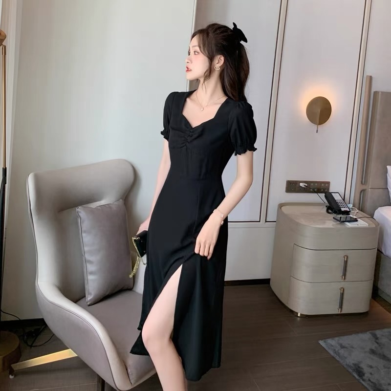 midi dress hitam polos mewah elegan korean style long dress vintage dinner elegant party dress big s