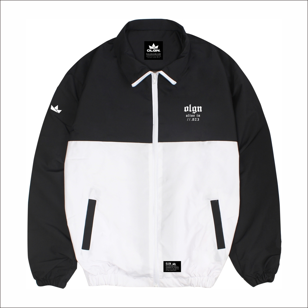 OLGN Jaket Tracktop Pria Wanita Premium Bahan Taslan Unisex Tracksuit  - Black White