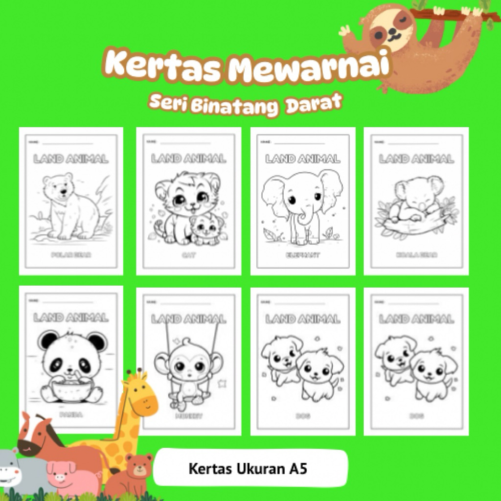 

50 Lembar Kertas mewarnai | Seri binatang darat | Kreasi anak belajar mewarnai | Isi mix atau campur | Ukuran A5