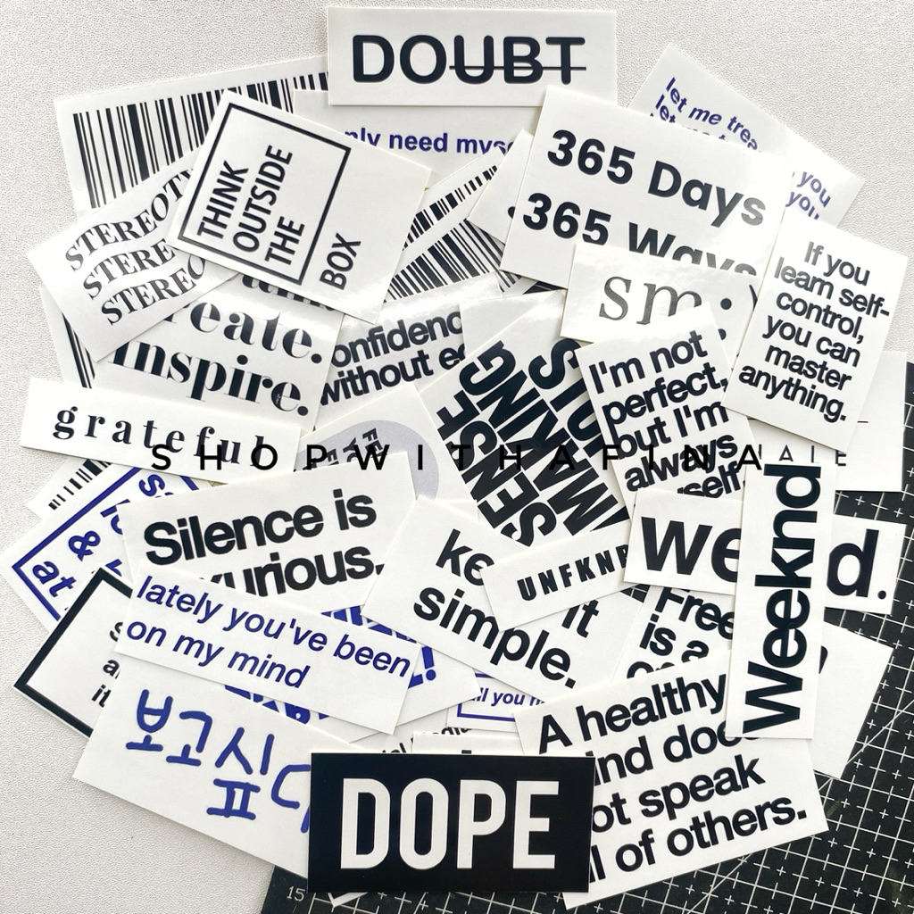 

Sticker Aesthetic | 40 pcs Minimalist Quotes & Barcode Sticker Set | Korean Journal / Scrap Diary Material | SHOPWITHAFINA