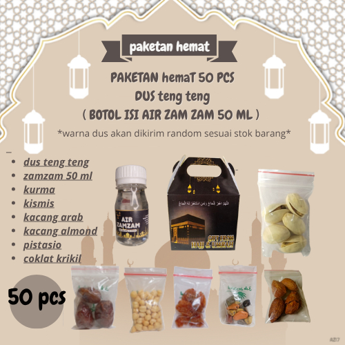 

paketan hemat cokil+almond+pistasio tali oleh oleh haji/umroh 50 pcs (botol isi air zam zam 50 ml)