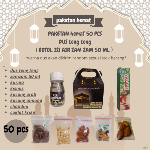 

paketan hemat cokil+almon+chandni tali oleh oleh haji/umroh 50 pcs (botol isi air zam zam 50 ml)