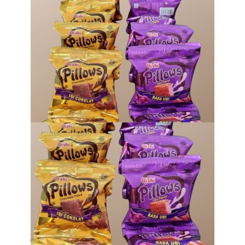 Oishi Pillow Snack Coklat Ubi Durian Kacang Keju Cocopandan Pillows Isi 10 Pcs