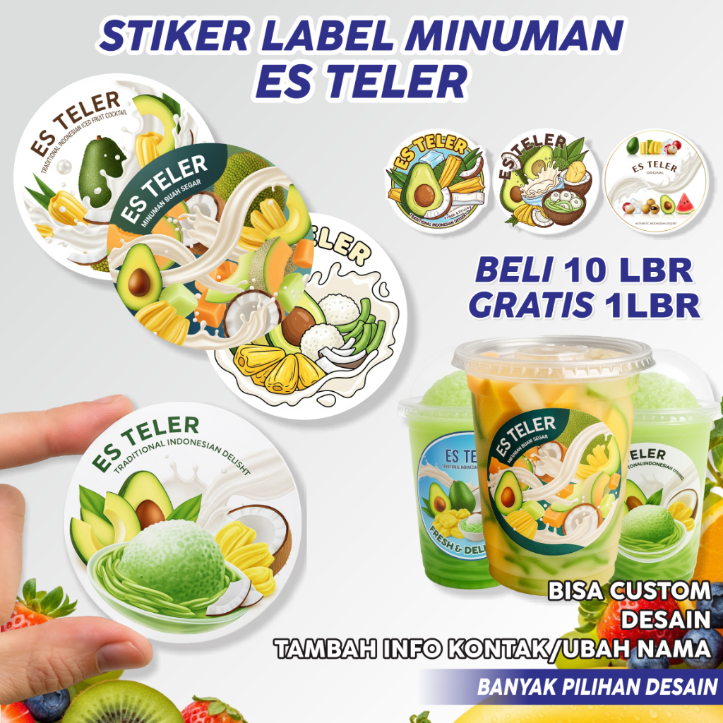 

Stiker label kemasan es teler bisa custom nama/brand tahan air