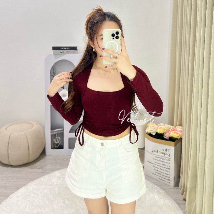 Crop Top Serut Samping Long Sleeve Wanita / Crop Top Serut Lengan Panjang Wanita / Crop Top Square N