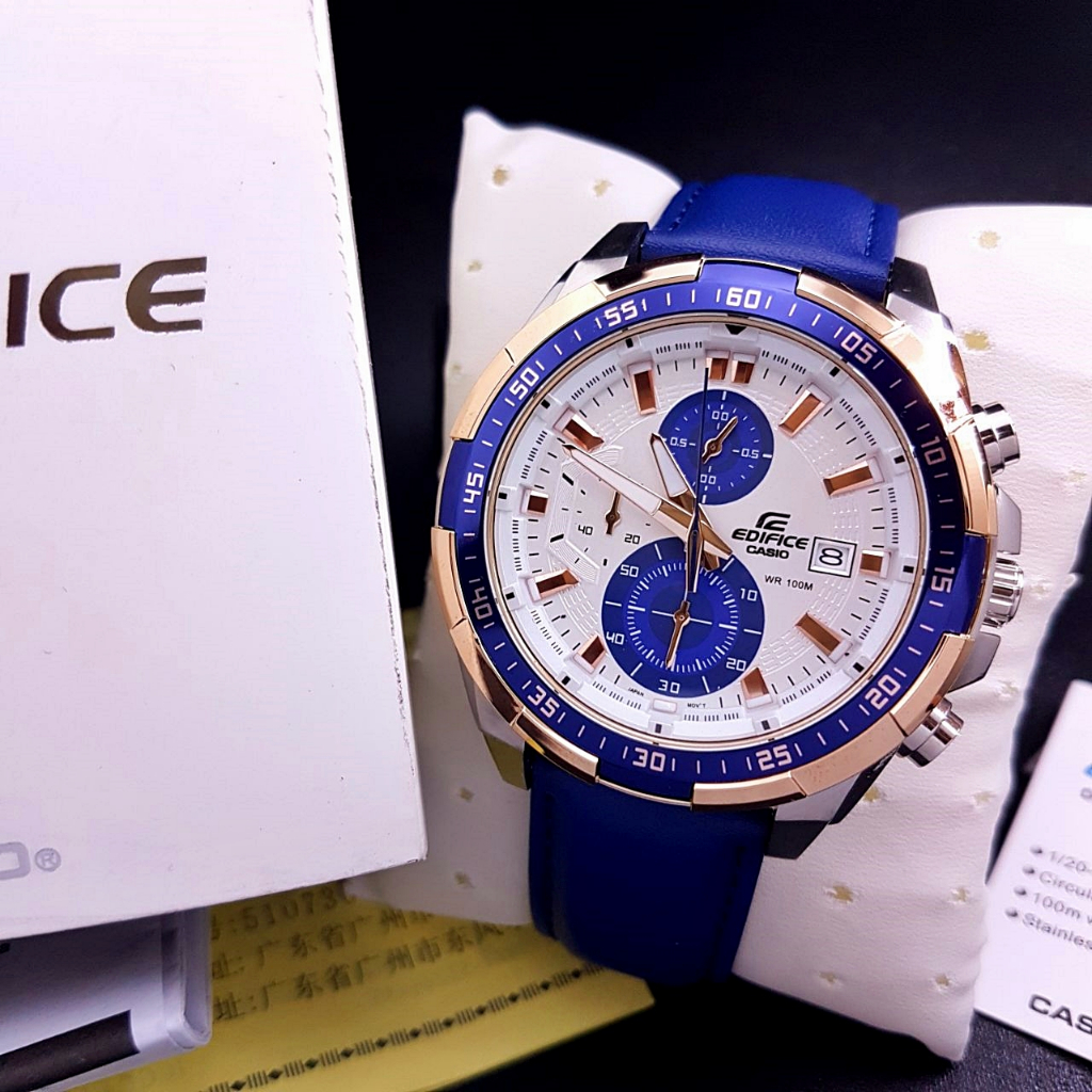 Jam Tangan Pria C*s*o ED*F*C* EFR-539L-7CV EFR-539 Chronograph White Dial Rosegold Blue Leather
