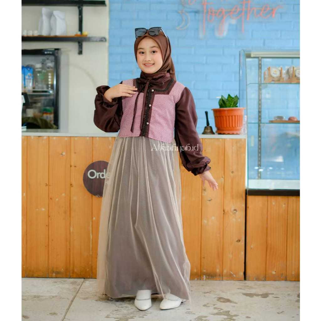 Aulia Dress Kids Gamis Anak Perempuan Usia 5-13 Tahun Bahan Velvet Mix Tile Dot Baju Gamis Set Rompi