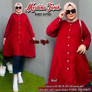 Merdeka tunik wanita muslimah super jumbo ld 120 katun viscose baju atasan kemeja polos merah putih