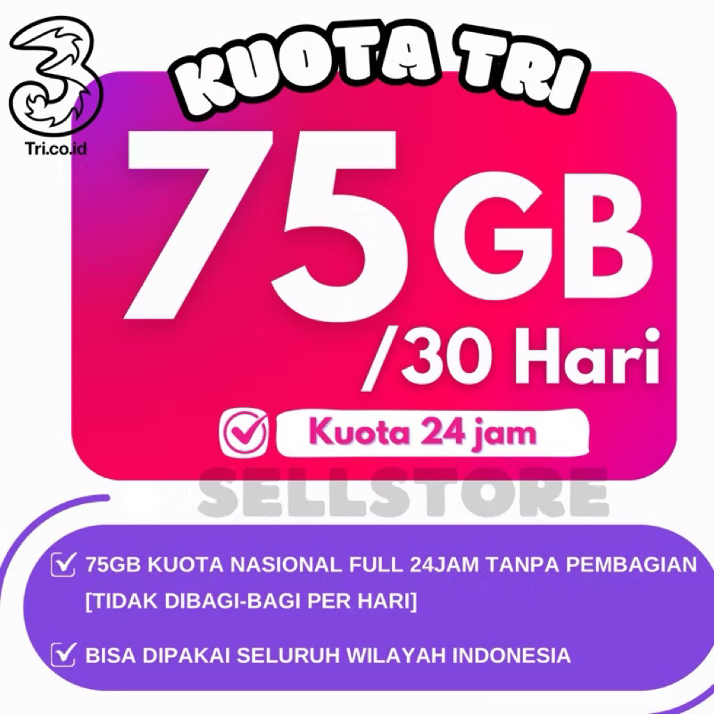 KUOTA TRI 75GB FULL KUOTA INTERNET 30HARI