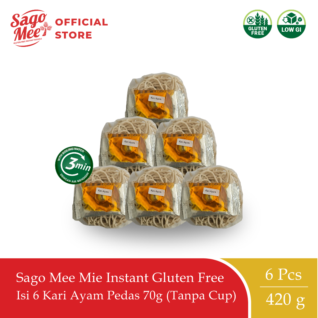 

Sago Mee Mie Instan Gluten Free Kari Ayam Pedas 70g Isi 6 (Tanpa Cup)