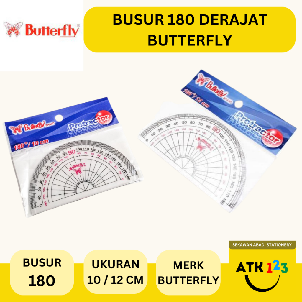 

BUTTERFLY Penggaris Busur 180 Derajat 10cm / 12cm Merk Butterfly bahan Mika