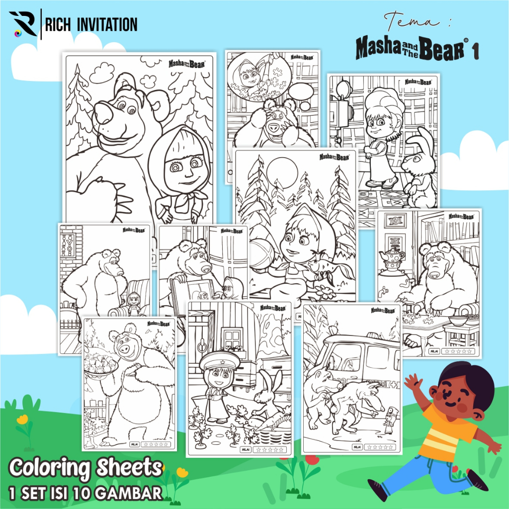 

(A4) KERTAS MEWARNAI ANAK - KERTAS COLORING ANAK PAUD TK - TEMA MASHA AND THE BEAR