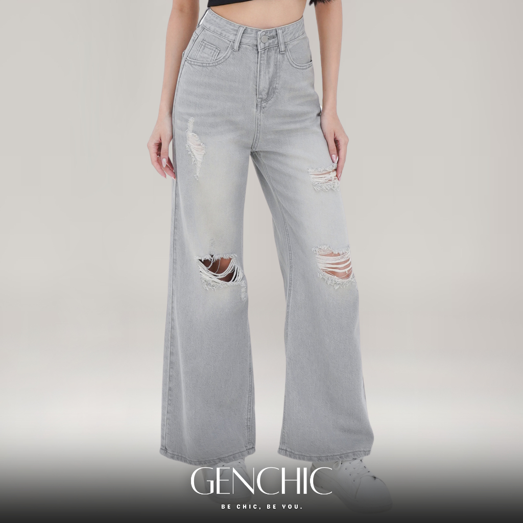 GENCHIC - Faded Grey Ripped Jeans Washed High Waist Wide Leg Jeans Denim Celana Jeans Panjang Wanita