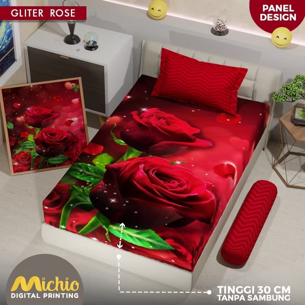 Sprei Monalisa Michio 120/160/180 T30 motif bunga glitter rose mawar merah